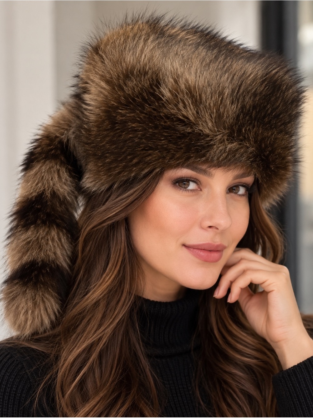 NEW: Faux Fur Hat with Tail in Waterproof dust bag